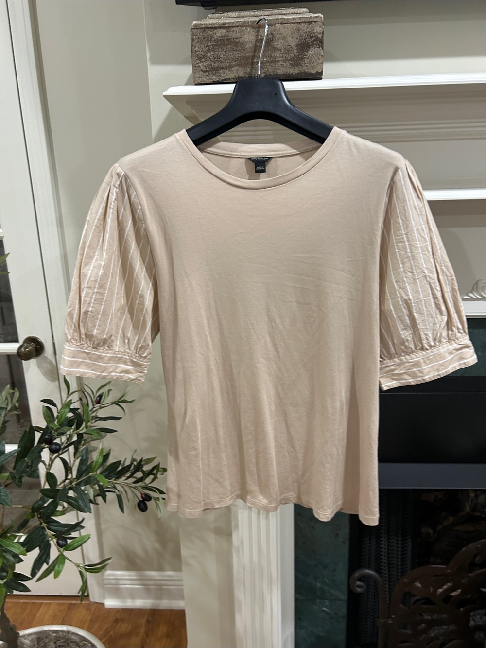 Ann Taylor Beige Puff-Sleeve Short Sleeve Tee